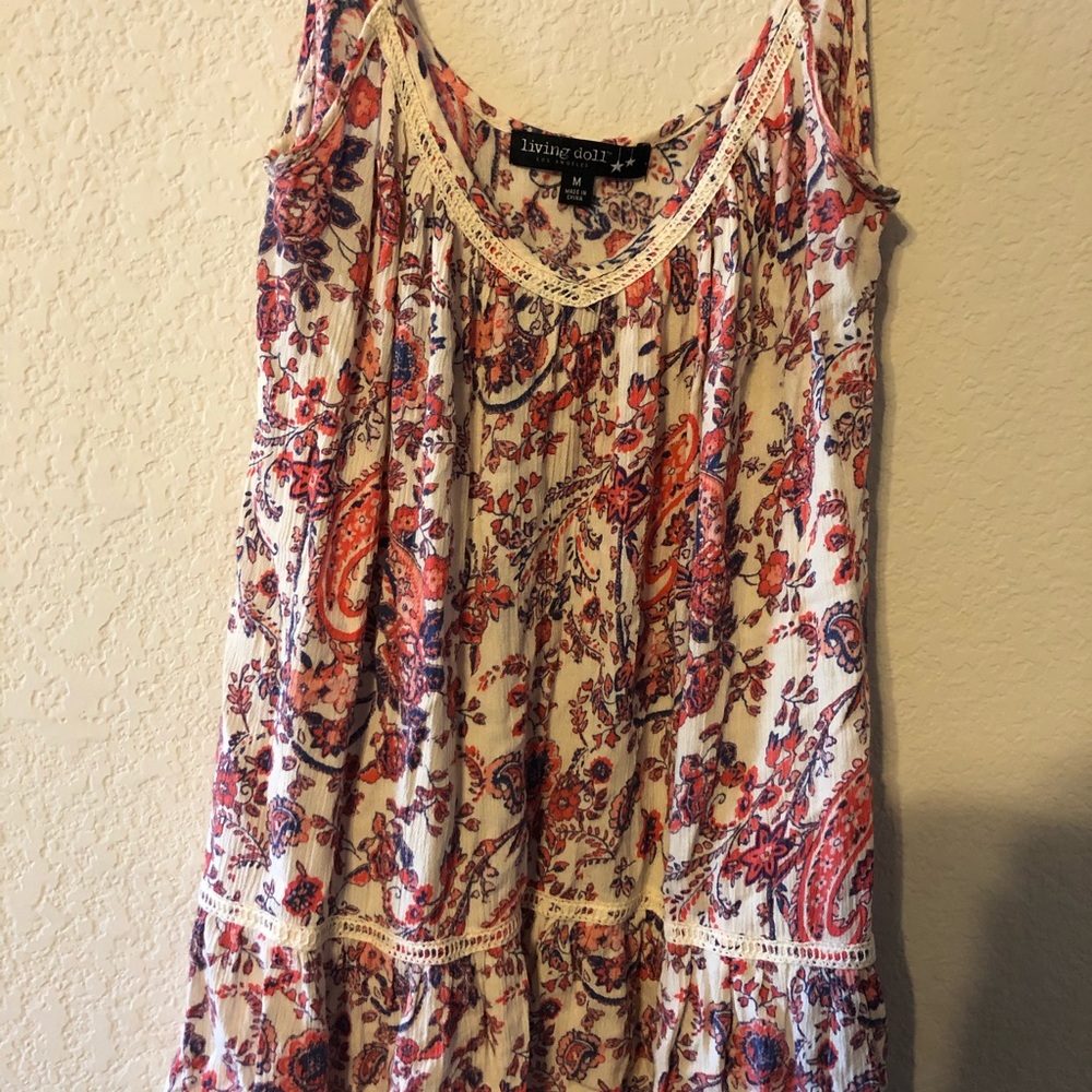 White cami with pink and blue patterns